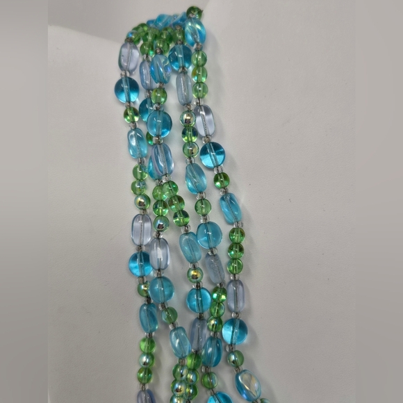 VINTAGE GIVENCHY FIVE STRAND BLUE GREEN GLASS BEAD NECKLACE SIGNED WOMEN JEWELRY - Picture 2 of 12